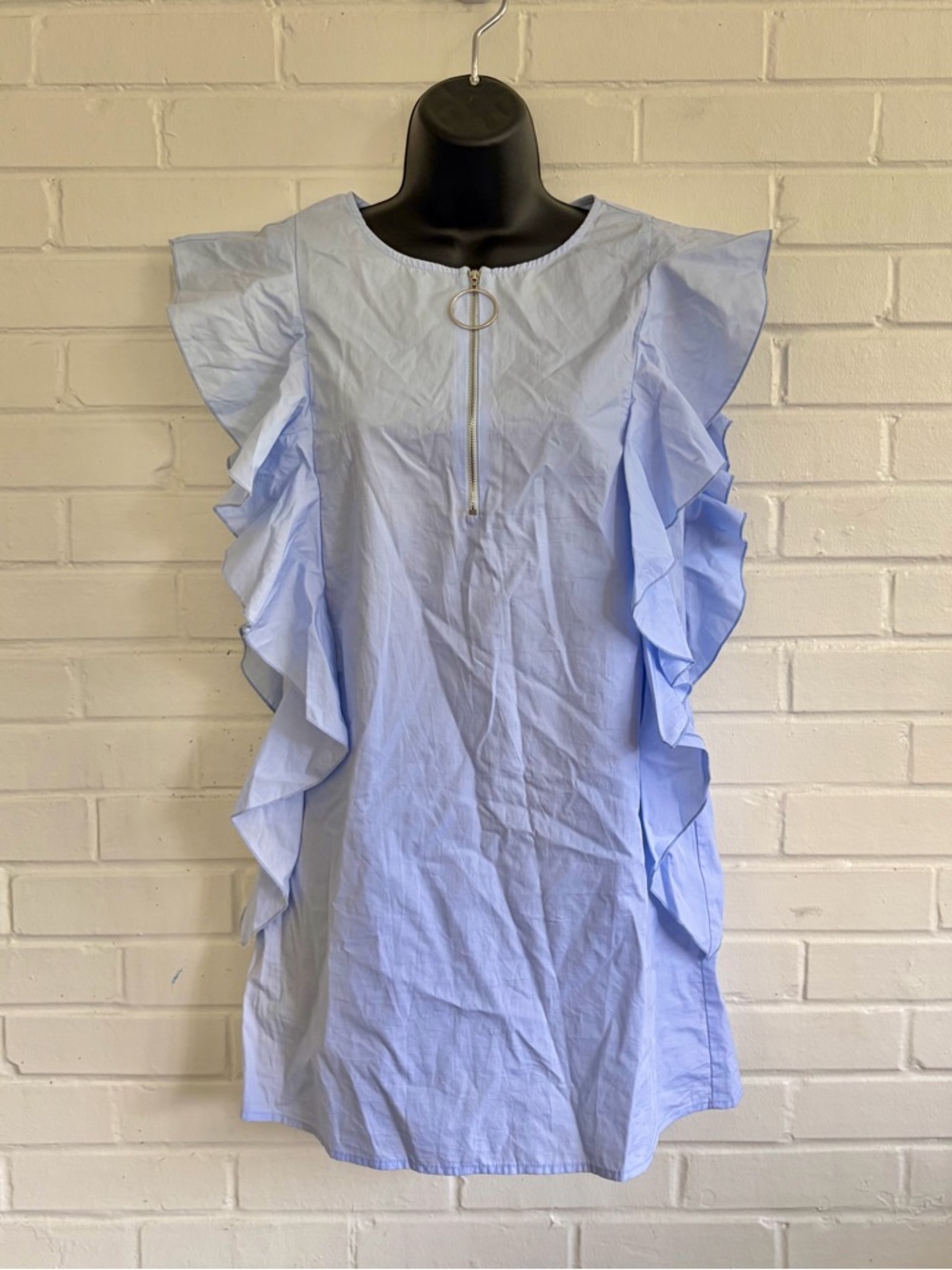 Pull & Bear Light Blue Ruffled Cotton Mini Dress w/‎ Front Zip, SZ S